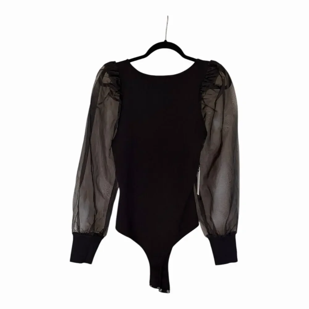 ASTR The Label Black Semi-Sheer Organza Sleeve Bodysuit NWT Size Large
